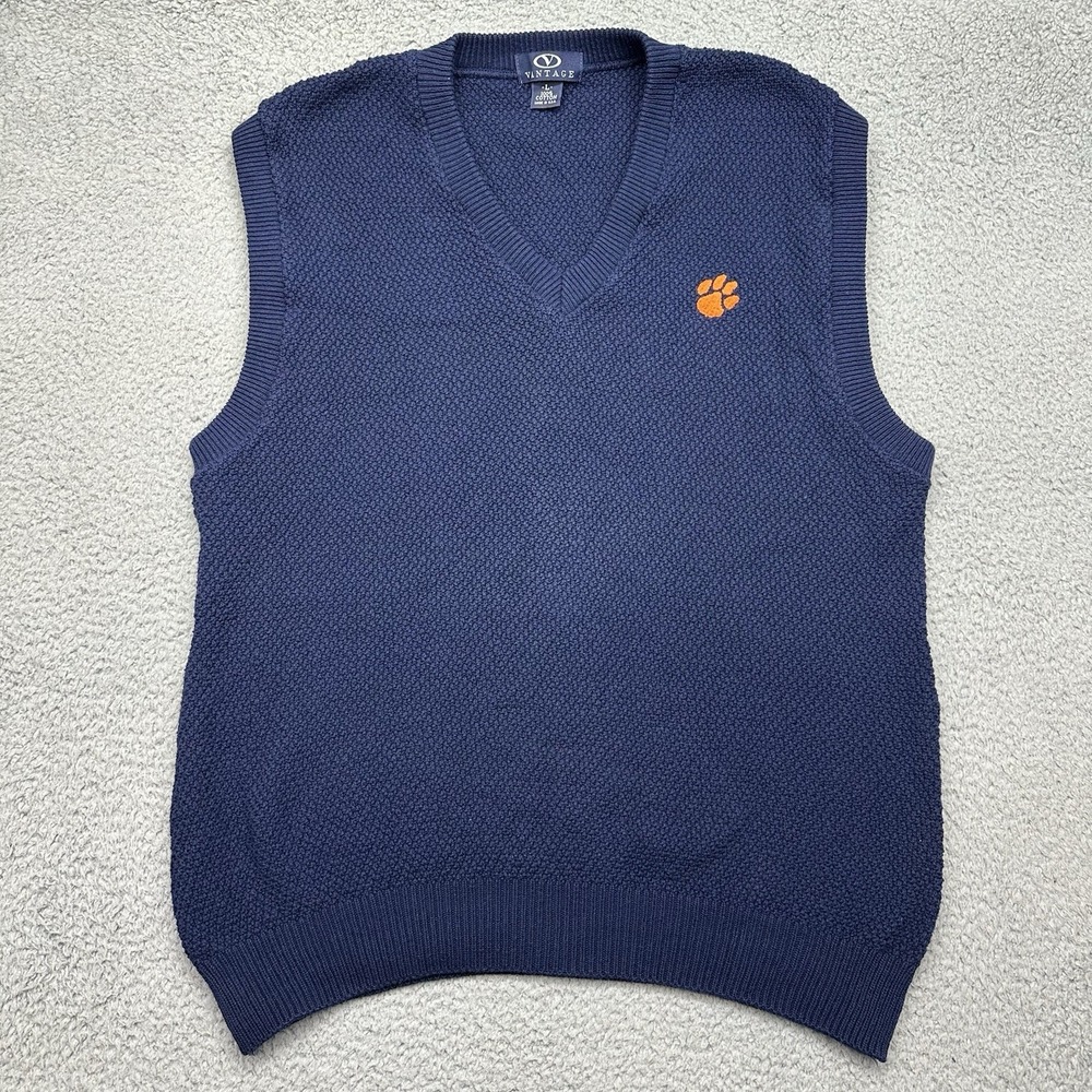 Vantage Clemson University Tigers Mens Large Blue 100% Cotton Sweater Vest USA